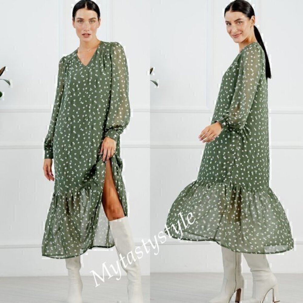 NWT Green Floral Delicate Romantic Ruffled Sheer Chiffon Boho Dress